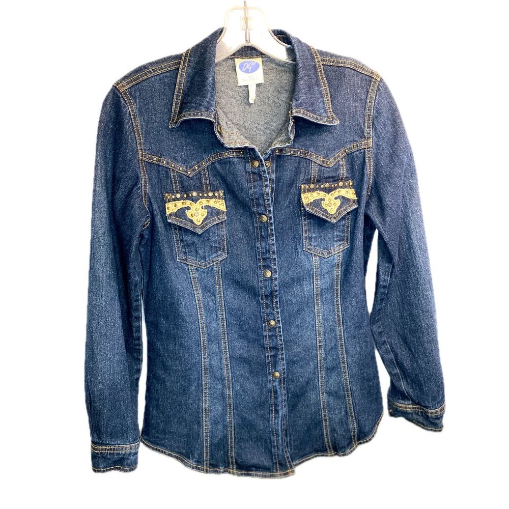 DG2 Donna Gilman Western Embellished Denim Snap Front Shirt Size Small